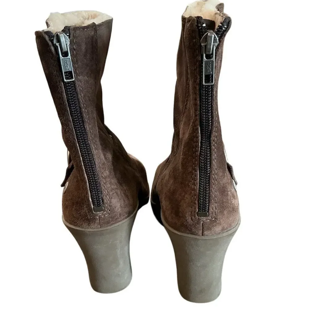 UGG Gissella Suede Wedge Ankle Boot US 9 EU‎ 40 Brown Sheepskin Shearling Lining